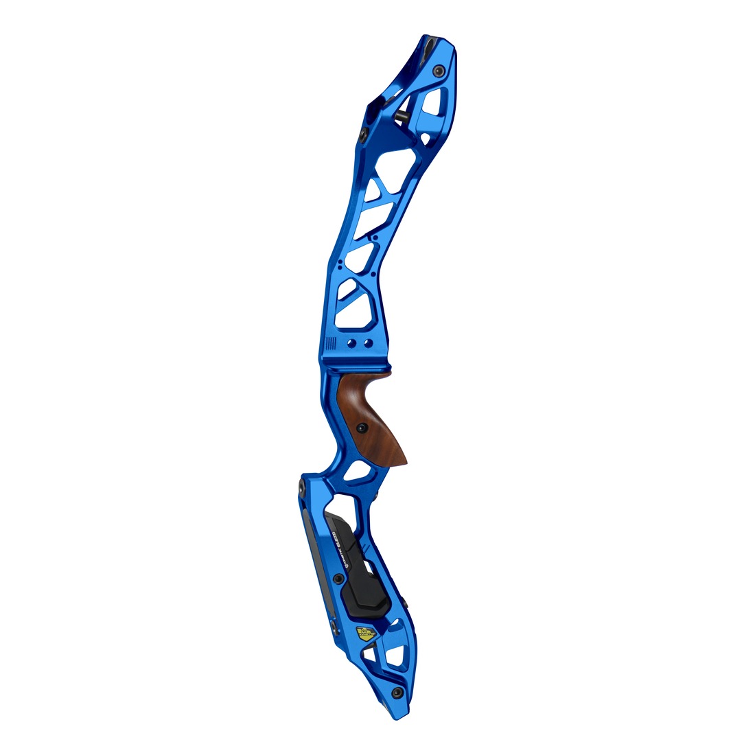 compound, recurve bow, blauw, houten grip, aluminium poot