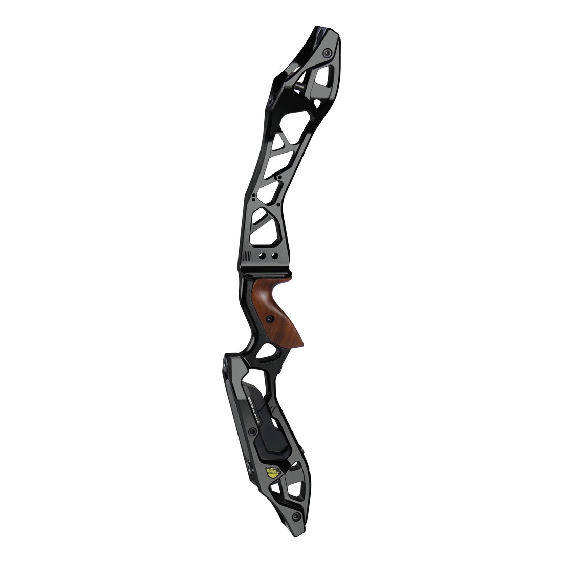 boog, compound bow, aluminium frame, houten handgreep, kale bowstrings